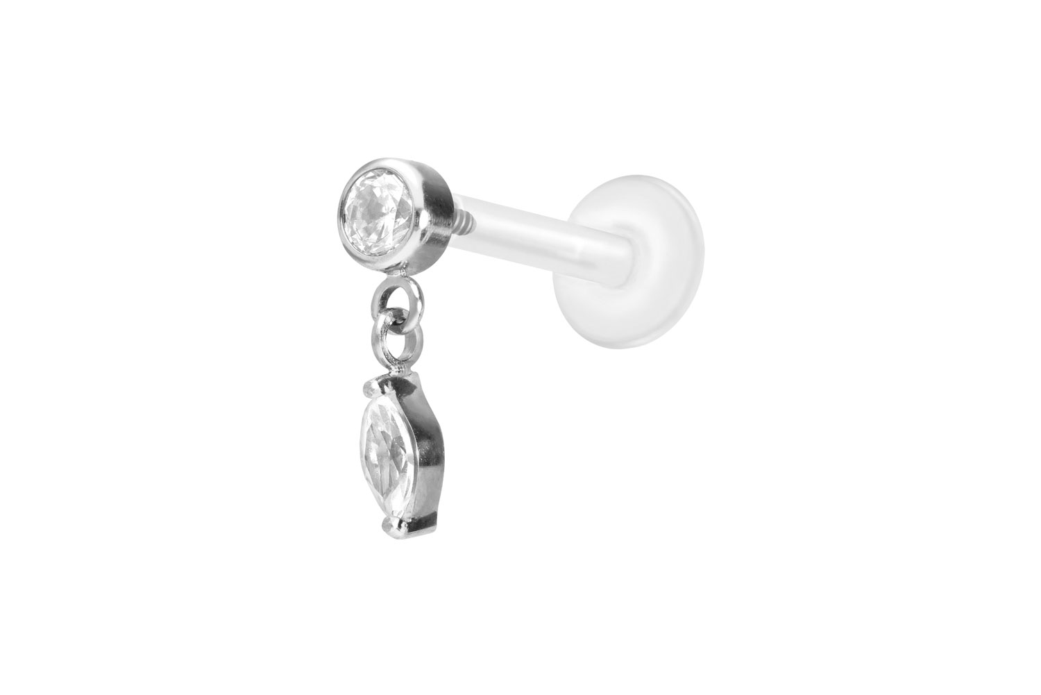 PTFE Labret Piercing mit Innengewinde + Titan-Aufsatz KRISTALL + KRISTALLTROPFEN